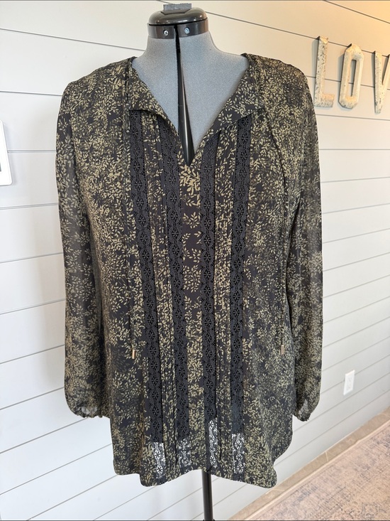 White House Black Market Tops - White House Black Market Black and Olive Floral Lace-Trim Blouse